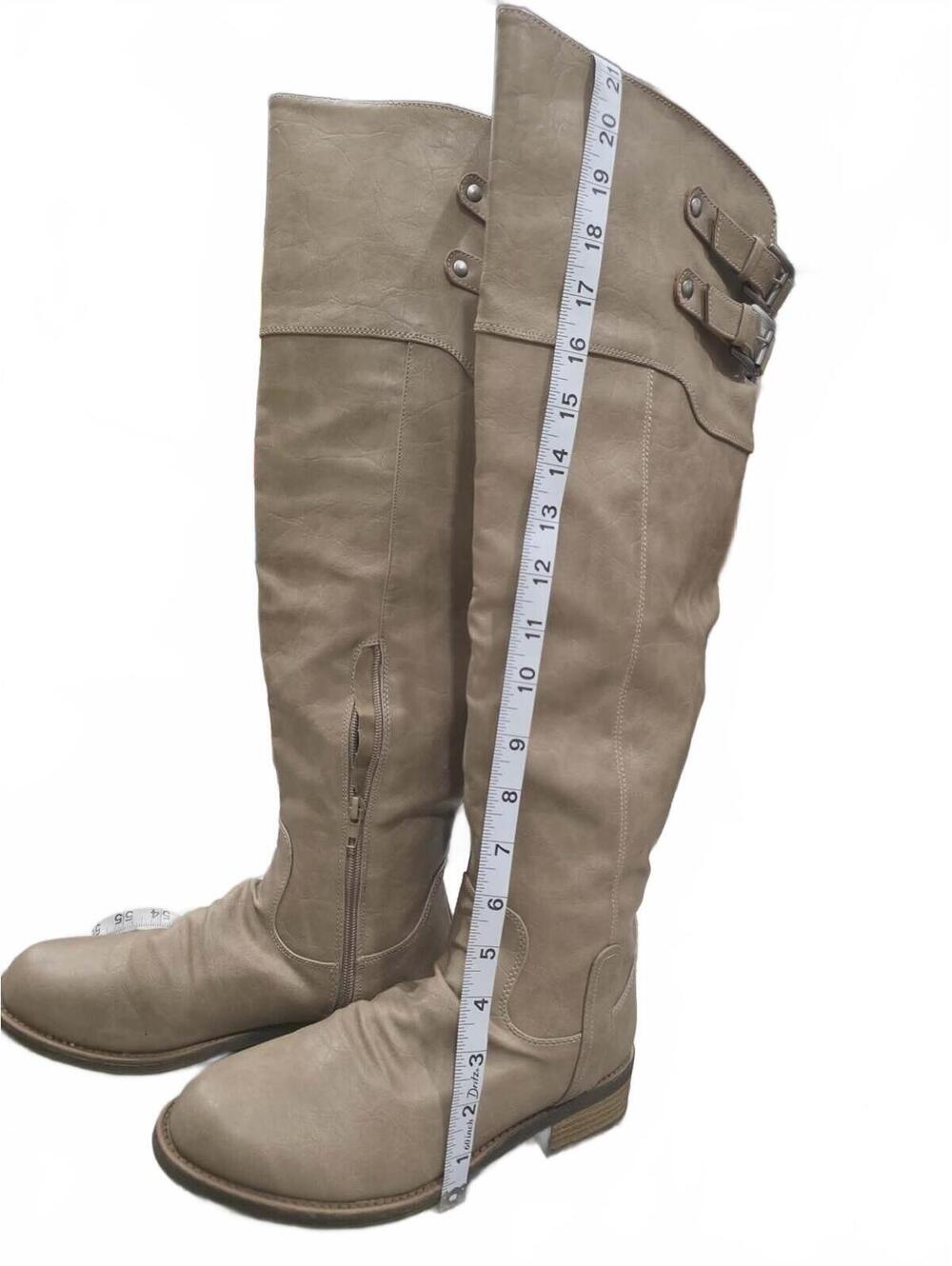 Tall Beige Faux Leather Riding Boots with Buckle Detail